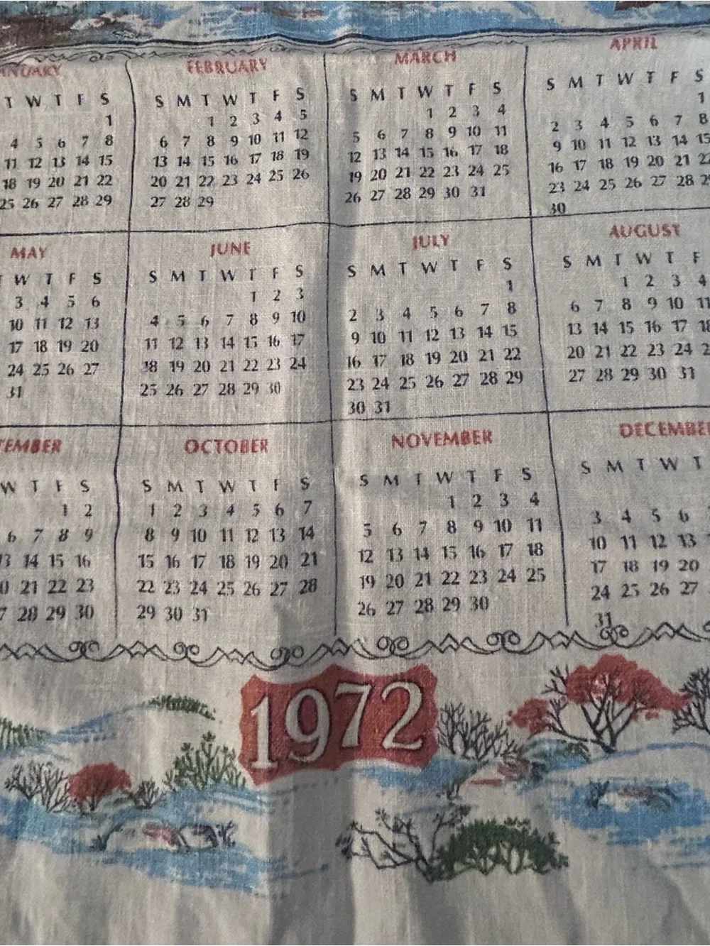 Vintage 1972 Winter Calendar Tea Towel - Cream with Red and Blue